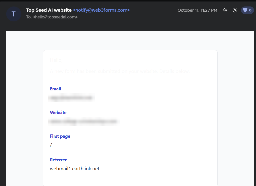 Form notification received October 11 at 11:27 PM, referred from a webmail inbox