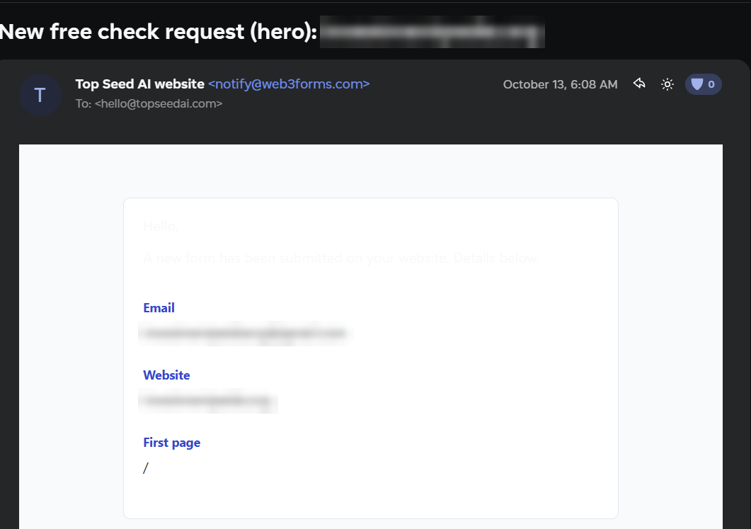 Form notification received October 13 at 6:08 AM, contact details blurred
